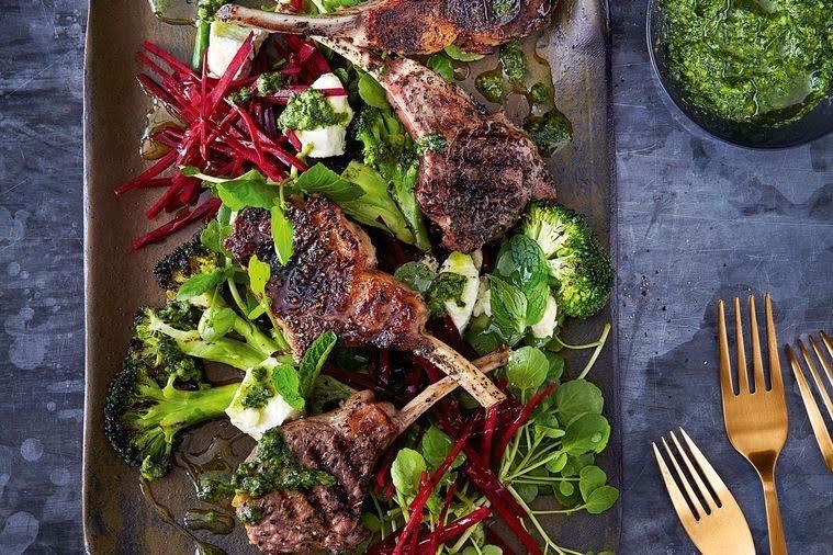 Minty lamb with beetroot and charred broccoli 